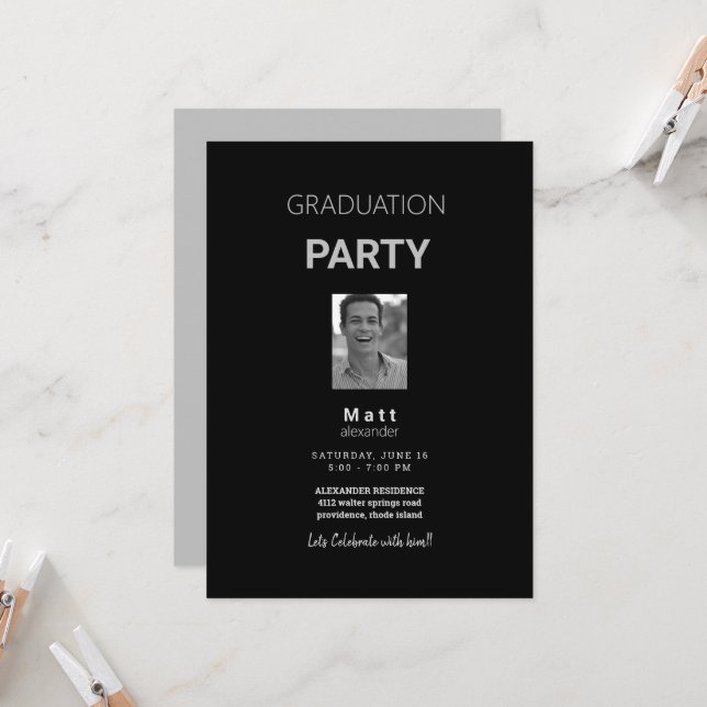 Photo Graduation Party Black &  Grey Invitation (Front/Back In Situ)