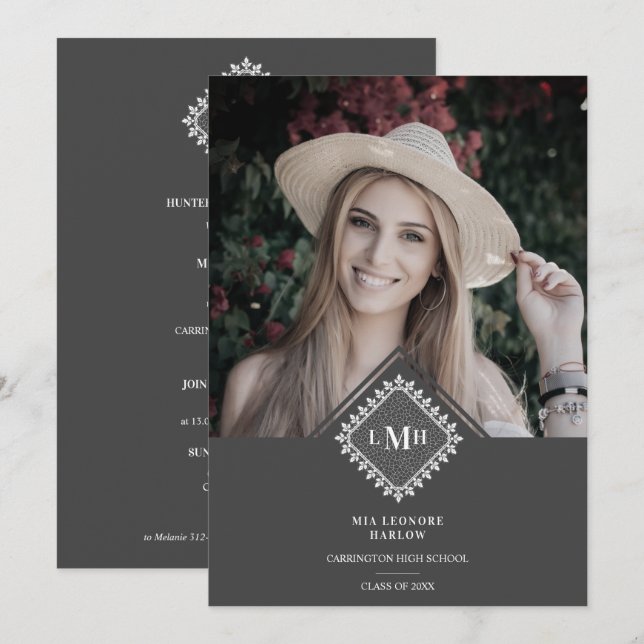 Photo Graduation Party Chic Initial Lace Romantic  Invitation (Front/Back)