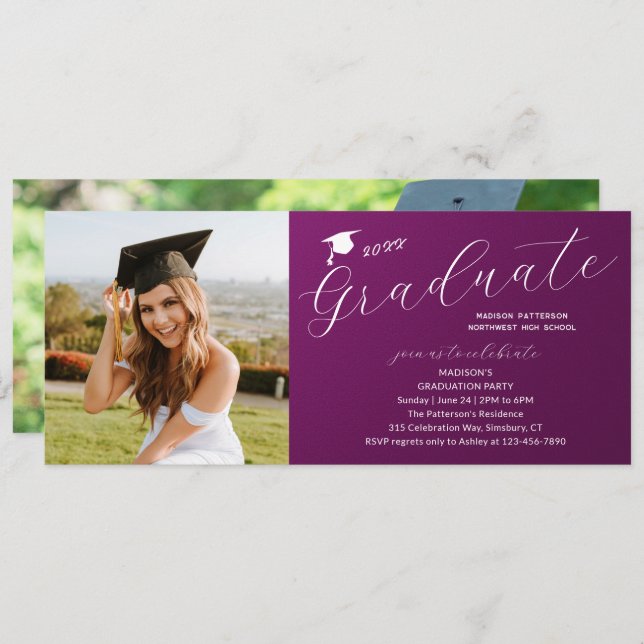 Photo Graduation Party Elegant Modern Script Invitation (Front/Back)
