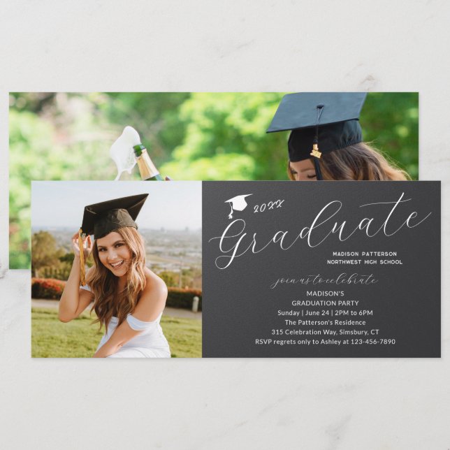 Photo Graduation Party Elegant Modern Script Invitation (Front/Back)