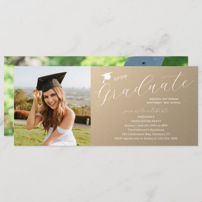 Photo Graduation Party Elegant Modern Script Invitation (Front/Back)