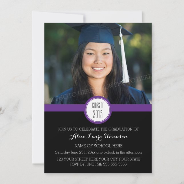 Photo Graduation Party Invitation Black Purple (Front)