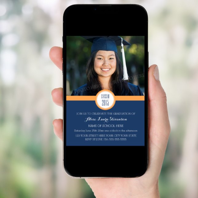 Photo Graduation Party Invitation Blue Orange (Front Digital)