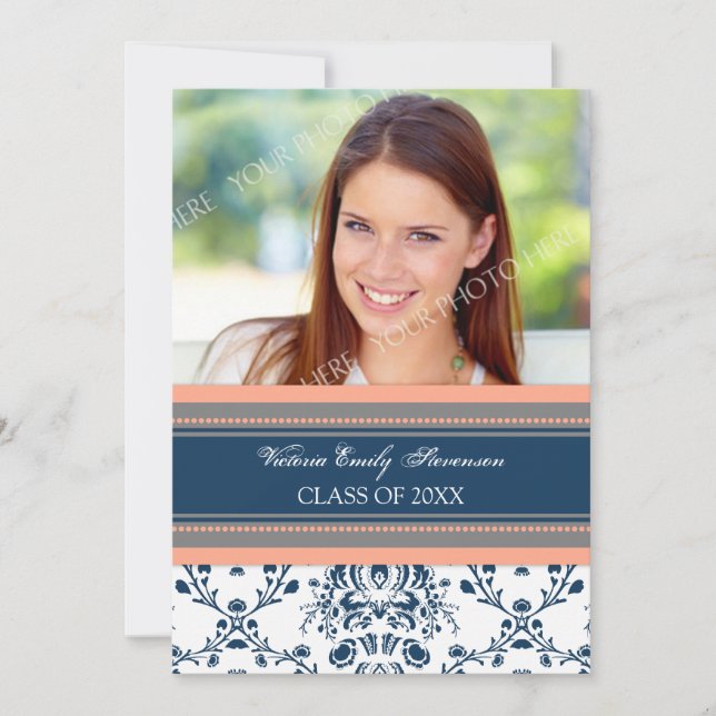 Photo Graduation Party Invitation Card Blue Damask (Front)