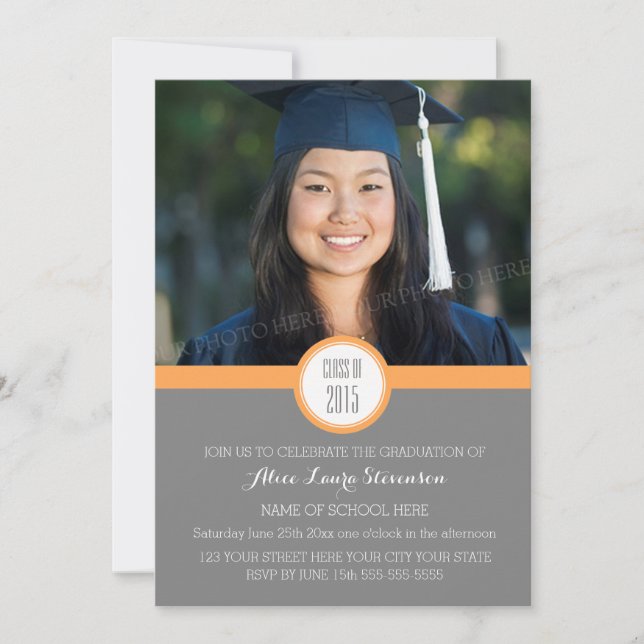 Photo Graduation Party Invitation Grey Orange (Front)