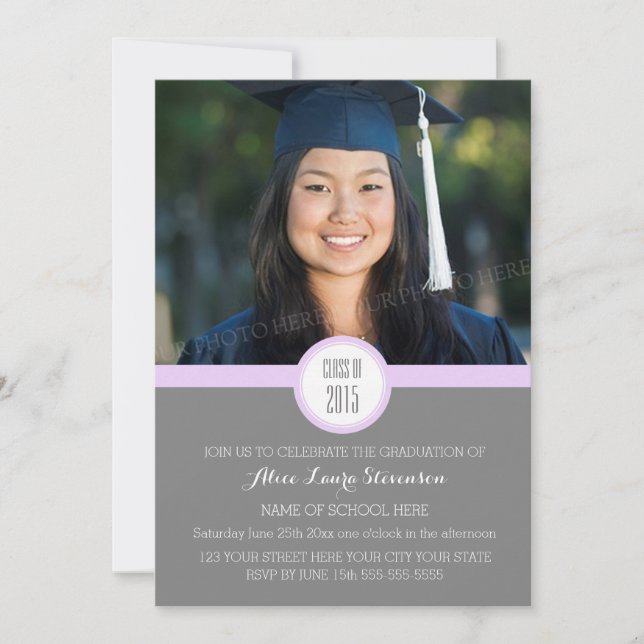 Photo Graduation Party Invitation Grey Purple (Front)