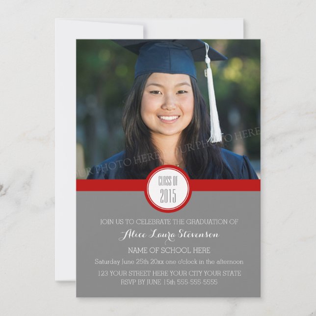 Photo Graduation Party Invitation Grey Red (Front)