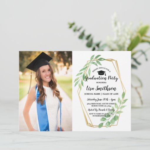 Photo Graduation Party Leaves Gold Frame Summer Invitation | Zazzle