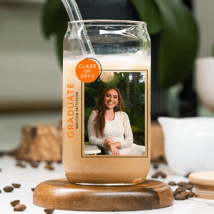 Photo Graduation Party Modern Script Black Orange Can Glass