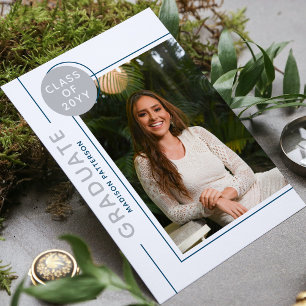 Photo Graduation Party Modern Script Silver Blue