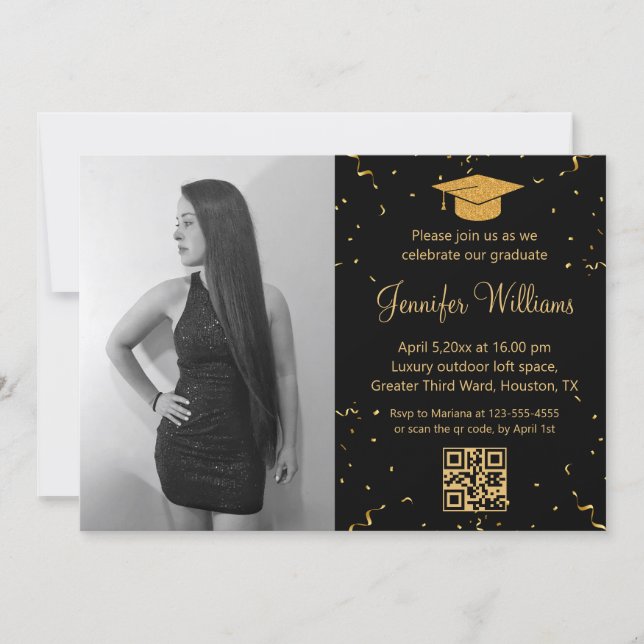 photo graduation party qr code confetti black gold invitation (Front)