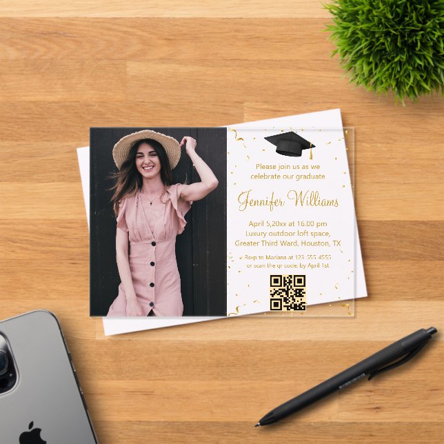 photo graduation party qr code gold script modern acrylic invitations (Insitu (Invitation Card))