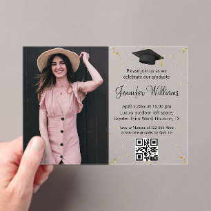 photo graduation party qr code rsvp gold confetti acrylic invitations