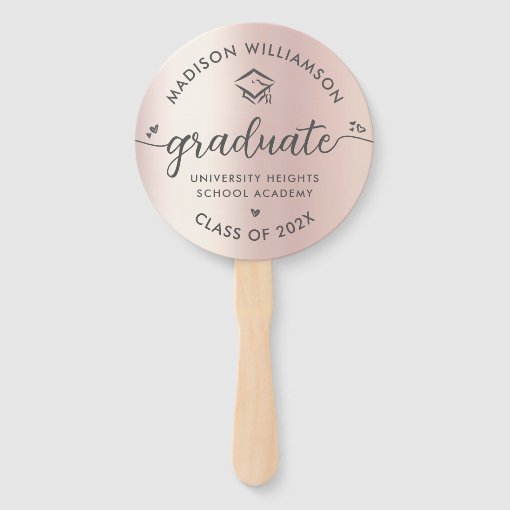 Photo Graduation Pink Rose Gold Script Hearts Cap Hand Fan | Zazzle