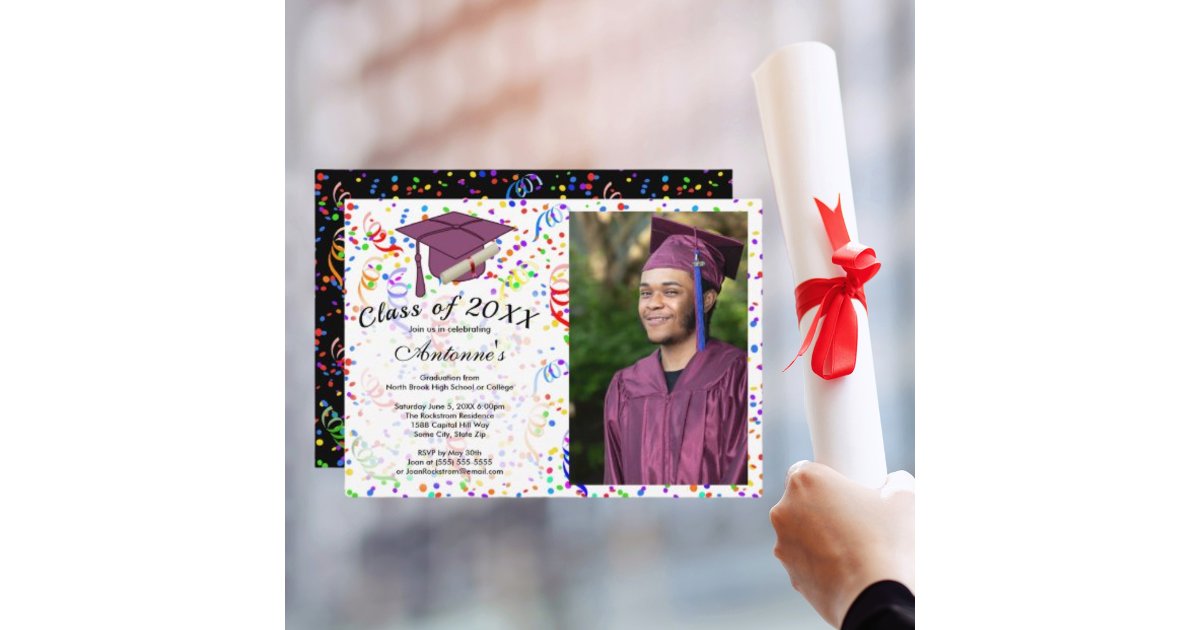 Photo Graduation Purple Grad Cap Confetti Party Invitation | Zazzle