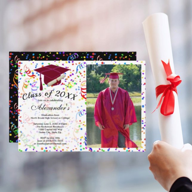 Photo Graduation Red Cap Confetti Class Party Invitation (Photo Graduation Red Cap Confetti Class Party Invitation)