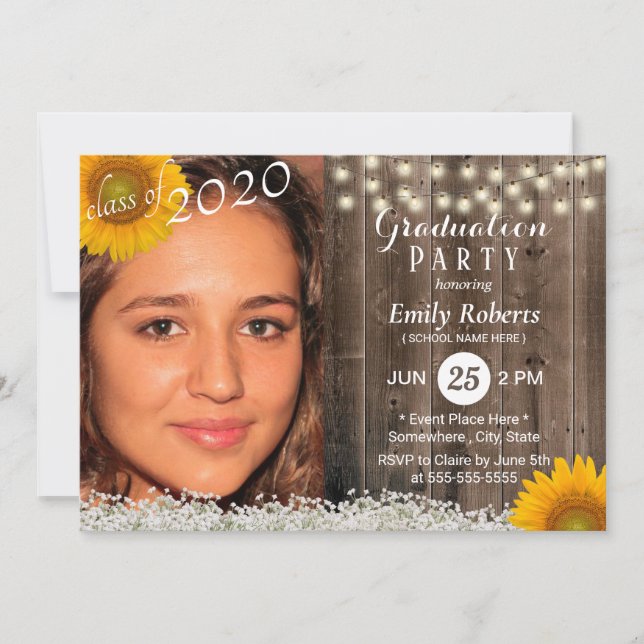 Photo Graduation Rustic Wood Sunflower Floral Invitation (Front)