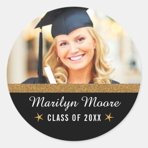 Photo Graduation Sticker Gold Glitter Band Round 