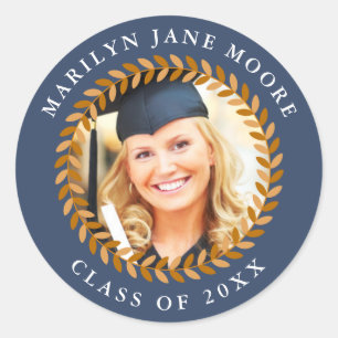 Photo Graduation Sticker Laurel Wreath Navy Round