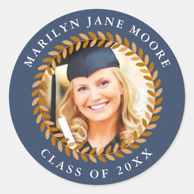 Photo Graduation Sticker Laurel Wreath Navy Round  (Front)