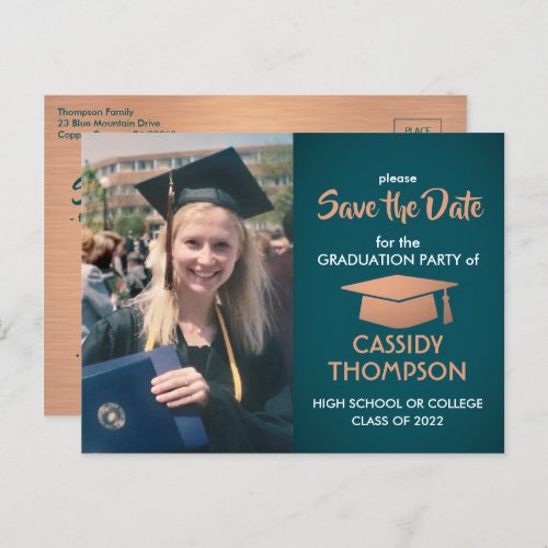 Photo Graduation Teal & Faux Copper Save the Date Postcard - Share the joyful news of your upcoming graduation party as well as a picture with modern teal, copper and white save the date postcard invitations. Photo and text are simple to customize. Design features a blue-green ombre background, faux foil mortar board cap, brushed faux metallic copper, hand written style script calligraphy, and modern minimalist typography. Template includes graduate name, class year, school, and one photo of your choice, such as a senior picture or image from the commencement ceremony. Please note that copper is printed terracotta color, not metallic foil. This elegant graduation announcement card is a stylish way to begin your special day celebration. Congratulations to the graduate!