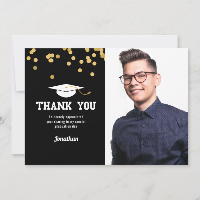 Photo Graduation Thank You Black Gold Confetti (Front)