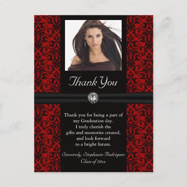Photo Graduation Thank You Card Black/Red Damask (Front)