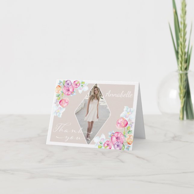 Photo Graduation Thank You with Watercolor Flowers (Front)