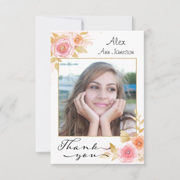 Photo Graduation Thank You With Watercolor Flowers
