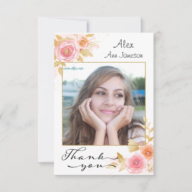 Photo Graduation Thank You with Watercolor Flowers Card (Front)