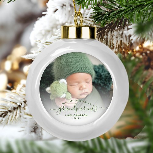 Photo Grandparents First Christmas Green Script Ceramic Ball Christmas Ornament