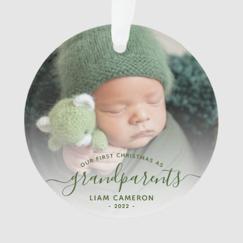 Photo Grandparents First Christmas Green Script Ornament