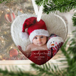 Photo Grandparents First Christmas White Script Ornament<br><div class="desc">Help them celebrate their first grandchild with this beautiful modern keepsake ornament. The white text reads "Our first Christmas as grandparents, " with the word "grandparents" in elegant handwriting script with flourishes before and after. Easily replace the sample image with your favorite photo of the new baby, and add his...</div>