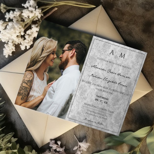Photo Gray Damask Monogram Wedding Invitation (Gray Photo Damask Monogram Wedding Invitation)