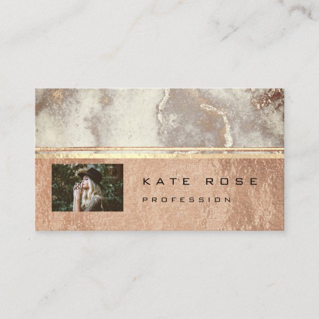Photo Gray Stripes Marble Rose Gold Makeup Copper Business Card (Front)