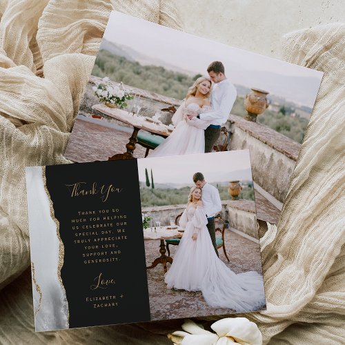 Photo Gray White Agate Gold Script Wedding Thank You Card