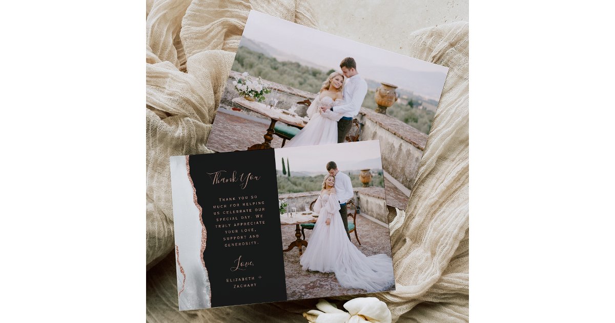 Photo Gray White Agate Rose Gold Script Wedding Thank You Card | Zazzle