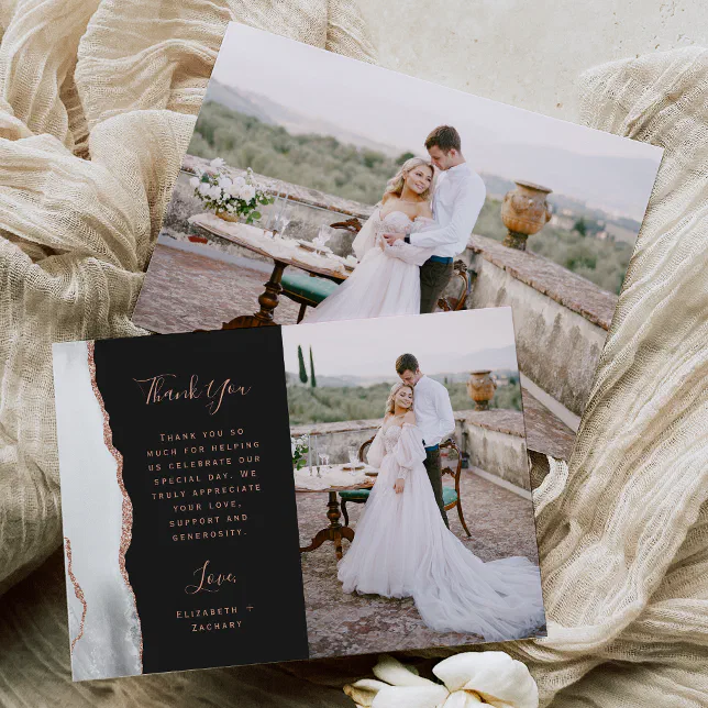 Photo Gray White Agate Rose Gold Script Wedding Thank You Card | Zazzle