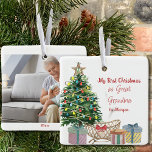 Photo Great Grandma First Christmas Tree and Crib  Ceramic Ornament<br><div class="desc">My First Christmas as Great Grandma to ... personalized with the new grandchild's name, the year and a photo on the back. The design features a lit christmas tree with crib and gift wrapped presents. Sweet new baby themed holiday ornament keepsake to celebrate a new addition to your family this...</div>