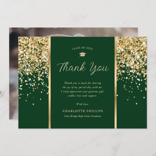 Photo Green and Gold Confetti Graduation Thank You Card