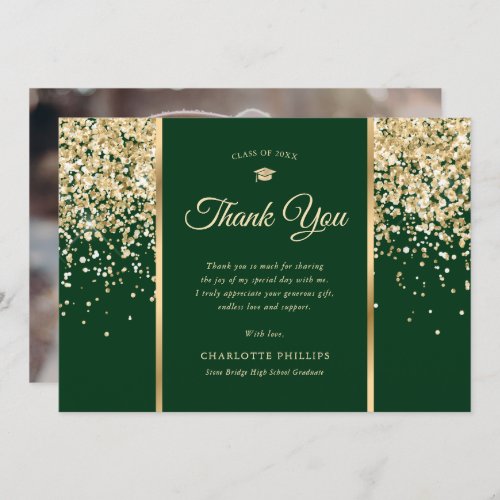 Photo Green and Gold Confetti Graduation Thank You Card