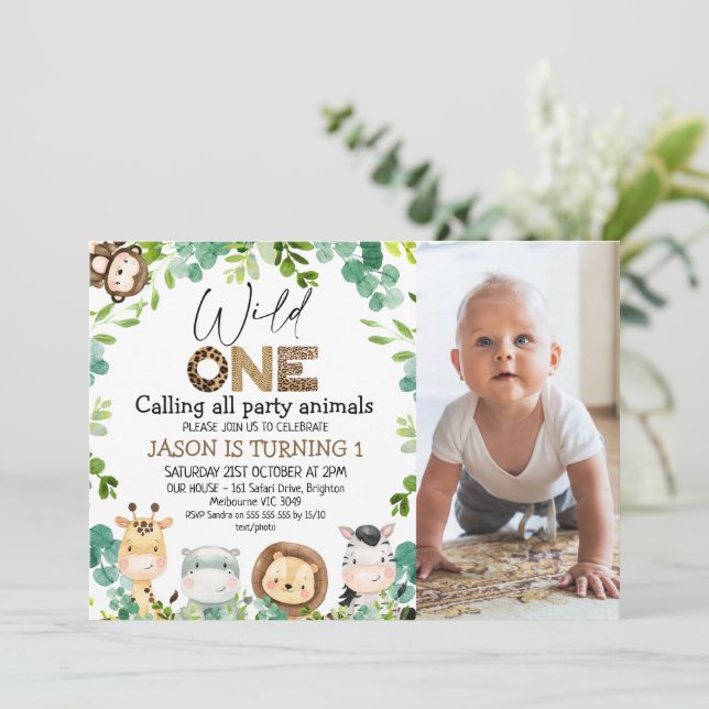 Photo Green Animals Safari Wild One 1st Birthday Invitation (Standing Front)