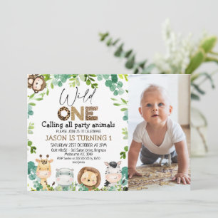 Photo Green Animals Safari Wild One 1st Birthday Invitation