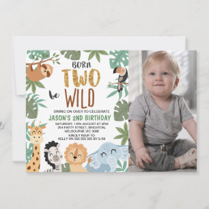Photo Green Brown Born Two Be Wild 2nd Birthday Invitation