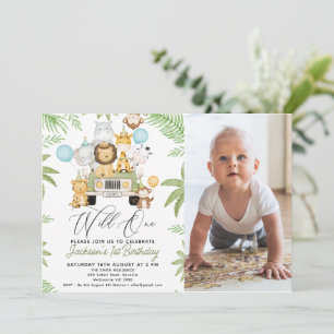 Photo Green Car Safari Wild One 1st Birthday Invitation