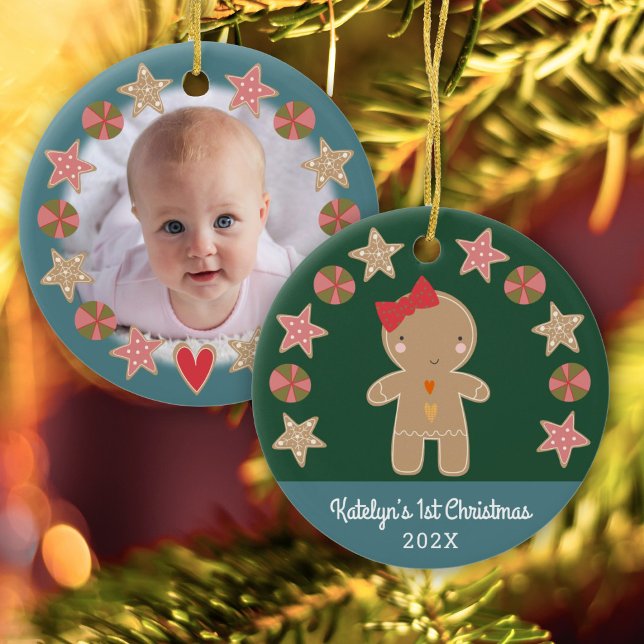 Photo Green First Christmas Gingerbread Baby Girl Ceramic Ornament (Creator Uploaded)