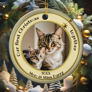 Photo Green Gold First Christmas Together Cat Ceramic Ornament