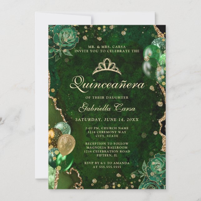 Photo Green Gold Floral Agate Quinceanera  Invitation (Front)