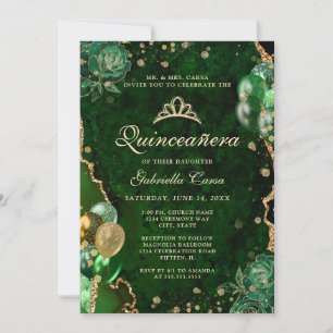 Photo Green Gold Floral Agate Quinceanera Invitation