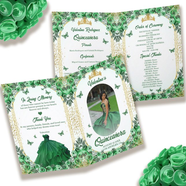 Photo Green Gold Glitter Floral Quinceanera Program (Photo Green Gold Glitter Floral Quinceanera Program)